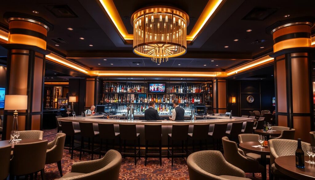 Elegancki bar w kasynie Szczecin z obsługą i gośćmi Elegancki bar w kasynie Szczecin z obsługą i gośćmi