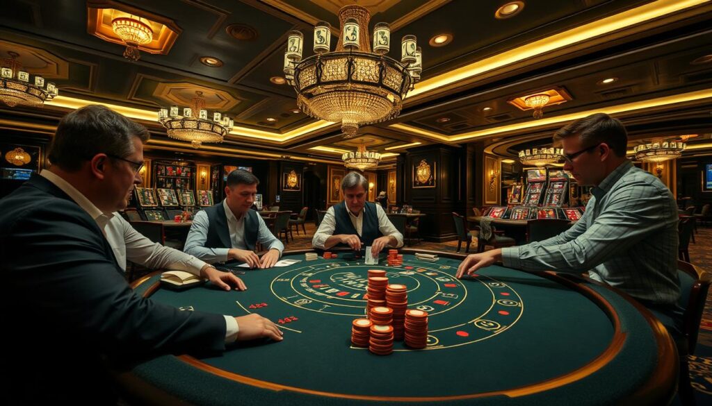 Gracze przy stole do blackjacka w kasynie w Krakowie z żetonami