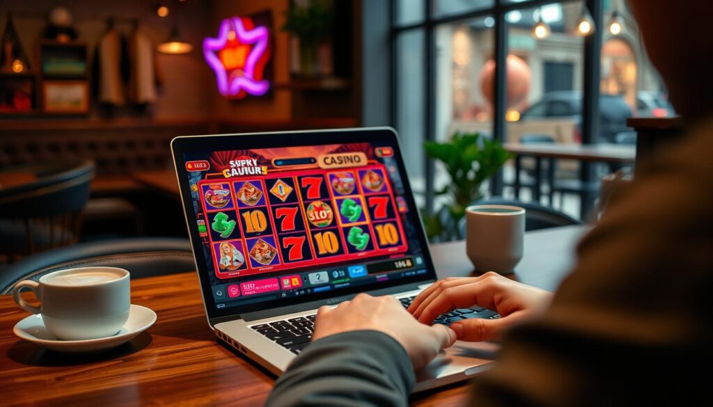 Osoba grająca w kasyno online na laptopie w kawiarni w Poznaniu