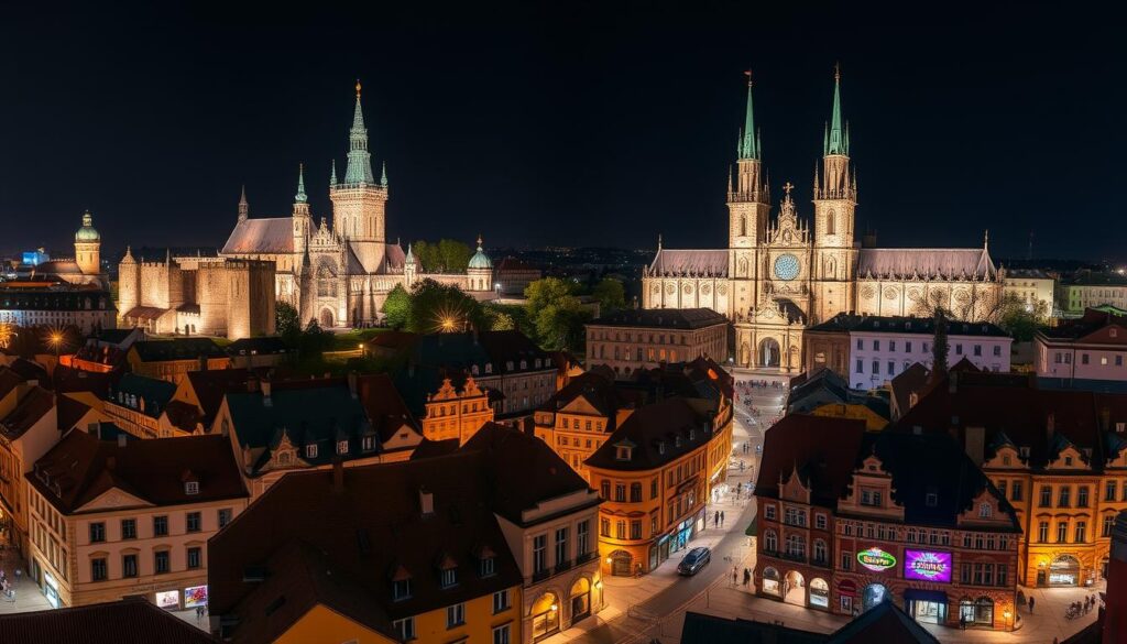 Panorama nocnego Krakowa z widocznymi kasynami