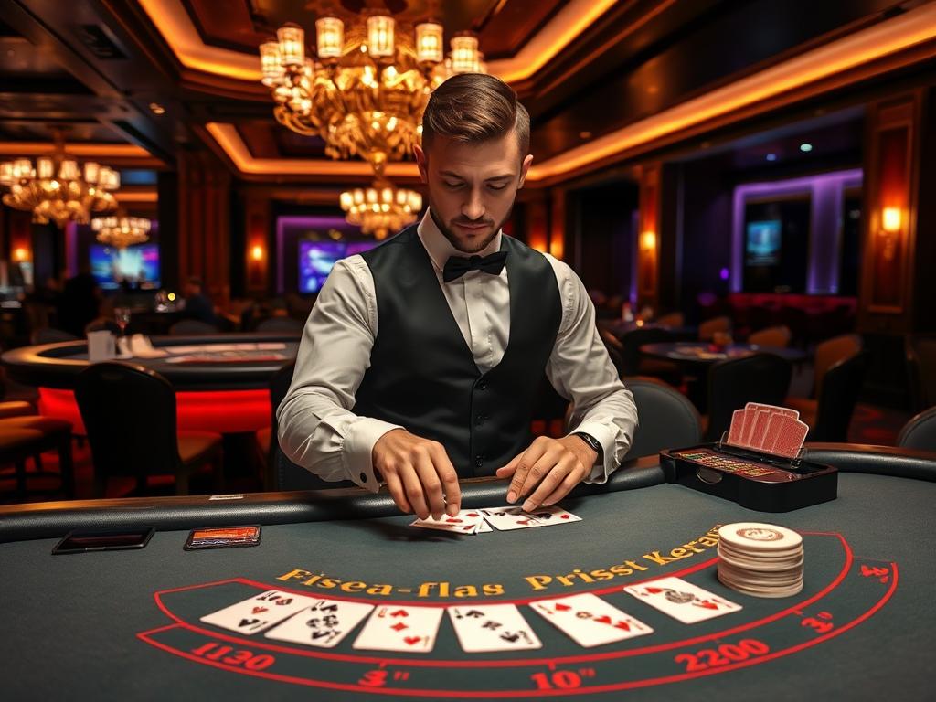 Profesjonalny krupier przy stole do blackjacka w poznańskim kasynie Profesjonalny krupier przy stole do blackjacka w poznańskim kasynie