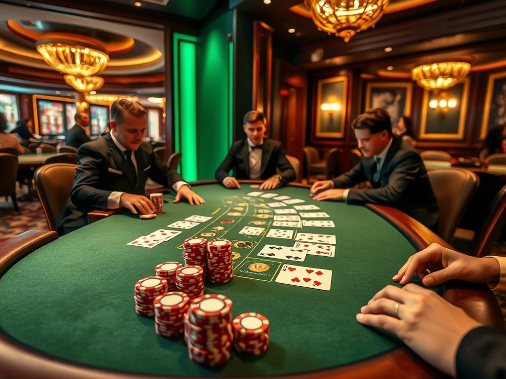 Stół do blackjacka w kasynie Szczecin z graczami i krupierem Stół do blackjacka w kasynie Szczecin z graczami i krupierem