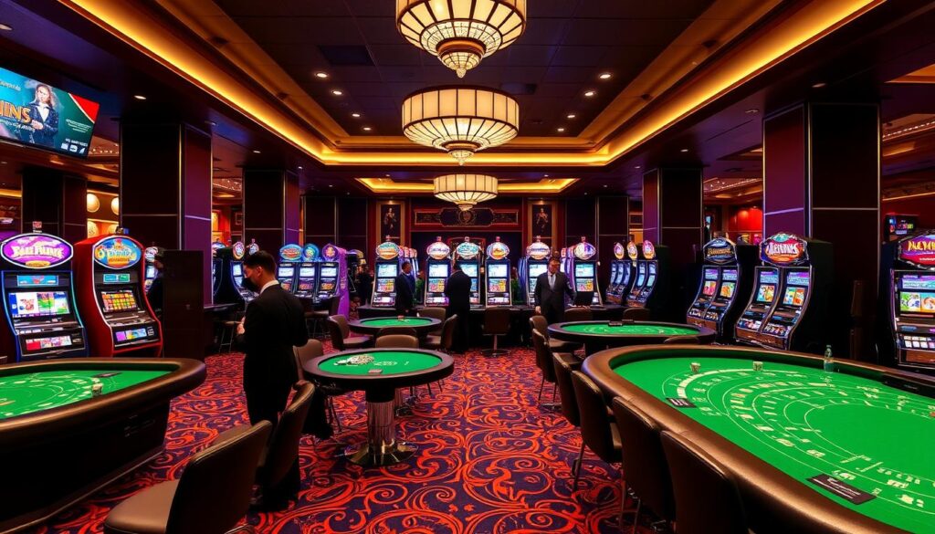 Wnętrze Casinos Poland Katowice z widokiem na stoły do gry i automaty Wnętrze Casinos Poland Katowice z widokiem na stoły do gry i automaty