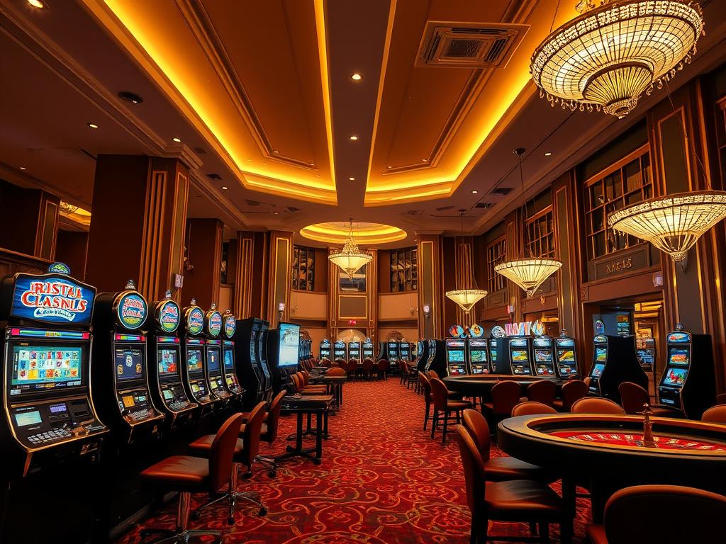 Wnętrze Cristal Casino w Gdańsku z automatami do gier i stołami do ruletki Wnętrze Cristal Casino w Gdańsku z automatami do gier i stołami do ruletki