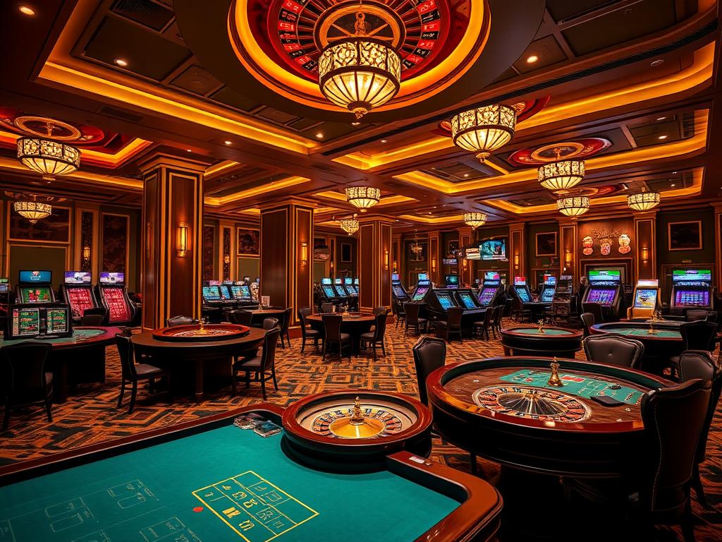 Wnętrze Grand Casino w Poznaniu z widokiem na stoły do gry Wnętrze Grand Casino w Poznaniu z widokiem na stoły do gry