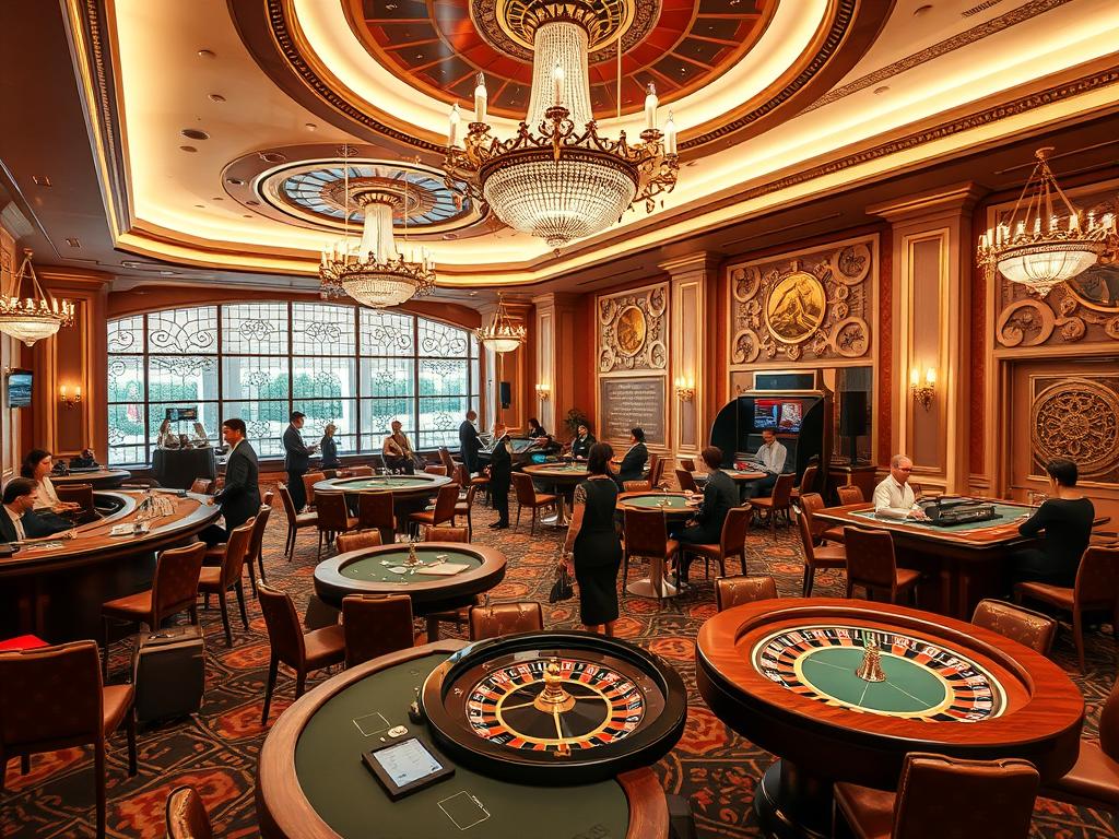 Wnętrze Royal Casino w Gdańsku z widokiem na stoły do pokera i ruletki Wnętrze Royal Casino w Gdańsku z widokiem na stoły do pokera i ruletki